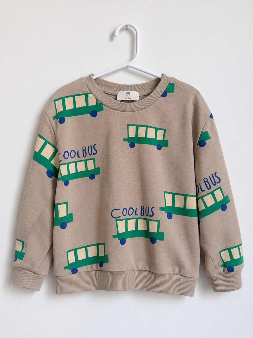 H&M Beige Sweatshirt with Green & Blue Bus Print size 2-4T